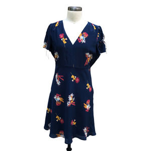 MADEWELL Navy Blue Floral Silk Mini Dress Size 10 V-Neck Poppy Dress Cactus